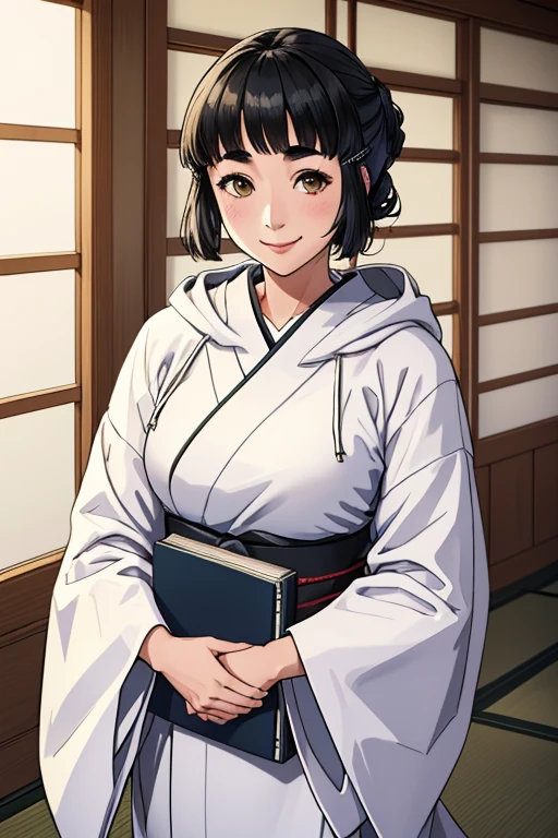 1 girl, alone, myoukou \(Kancolle\), inside, Japanese style room, Tatami, Shiromuku, White Hood, white kimono, Seiza, smile, standing holding a book