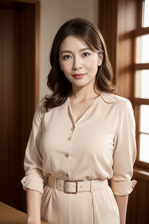 masuter piece, top-quality, masterpiece, hight resolution, Photorealsitic, Raw photography, 8k wallpaper, flawless, profetional lighting, ighly detailed, depth of fields,Pale solid color background, ((Japanese mature woman in her 70s)), chubby figure, Female sexy, Detailed face, beautidful eyes, bangss, large full breasts, light brown half up hair, Faint lips, ((stand facing the center of the screen, Staring at the viewer, Serious face)),Business Wear, foot out of frame, Looking at Viewer, cowboy shot