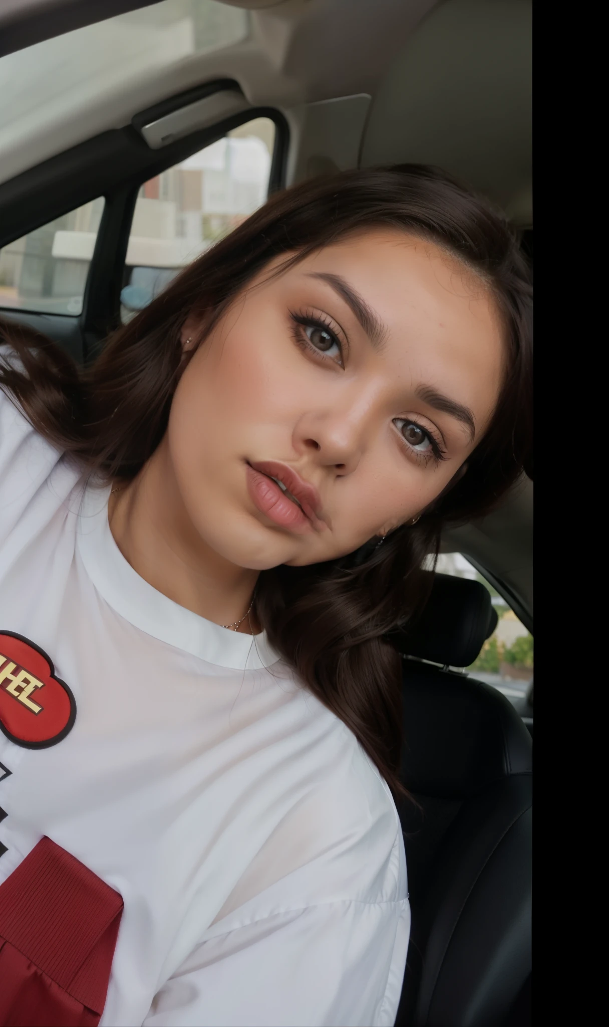 a close up of a woman in a car wearing a tie, violet myers, gorgeous latina face, madison beer, thick lips, headshot profile picture, profile image, madison beer girl portrait, beautiful mexican woman, :: madison beer, soft devil queen madison beer, straight eyebrows, portrait sophie mudd, jaw dropping beauty, alanis guillen, profile pic, thick red lips