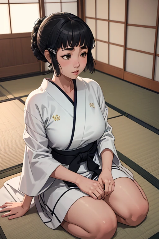 1girl, sozinho, myoukou \(Kancolle\), dentro, Japanese-style room, Tatami, Shiromuku,Capuz Branco,quimono branco, Seiza, sorrir,