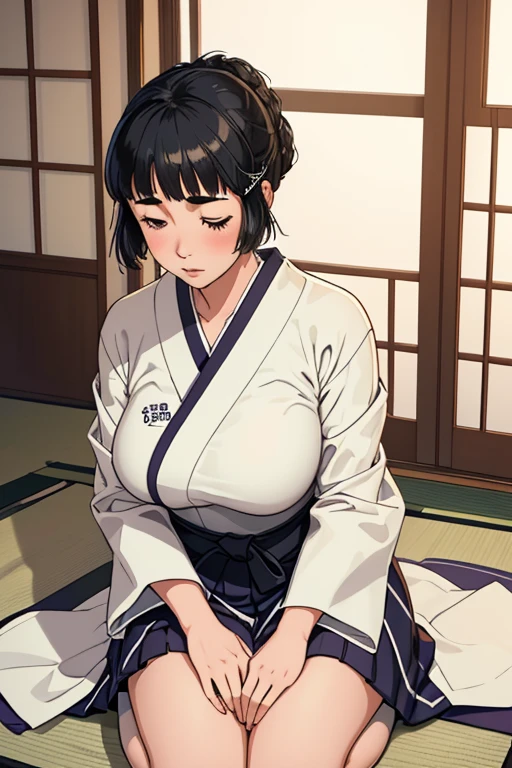 1girl, sozinho, myoukou \(Kancolle\), dentro, Japanese-style room, Tatami, Shiromuku,Capuz Branco,quimono branco, Seiza, sorrir,