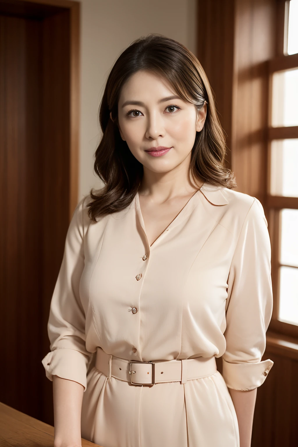 masuter piece, top-quality, masterpiece, hight resolution, Photorealsitic, Raw photography, 8k wallpaper, flawless, profetional lighting, ighly detailed, depth of fields,Pale solid color background, ((Japanese mature woman in her 70s)), chubby figure, Female sexy, Detailed face, beautidful eyes, bangss, large full breasts, light brown half up hair, Faint lips, ((stand facing the center of the screen, Staring at the viewer, Serious face)),Business Wear, foot out of frame, Looking at Viewer, cowboy shot