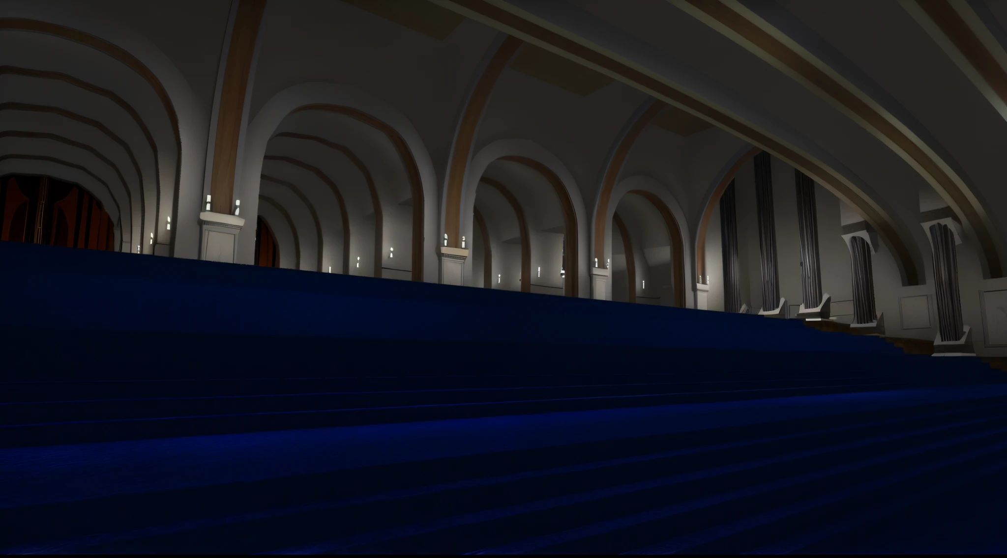 Panoramic view of a blue carpeted staircase leading to a large room., corredor de acceso al teatro, volumetric illumination. fantasy, Volumetric and perfect lighting, Random volumetric lighting, volumetric illumination!!, volumetric lighting - n 9, Renderizado en POV - Ray, 8 mil. volumetric illumination. oscuro, Renderizado en Unreal Engine 3, in volumetric lighting