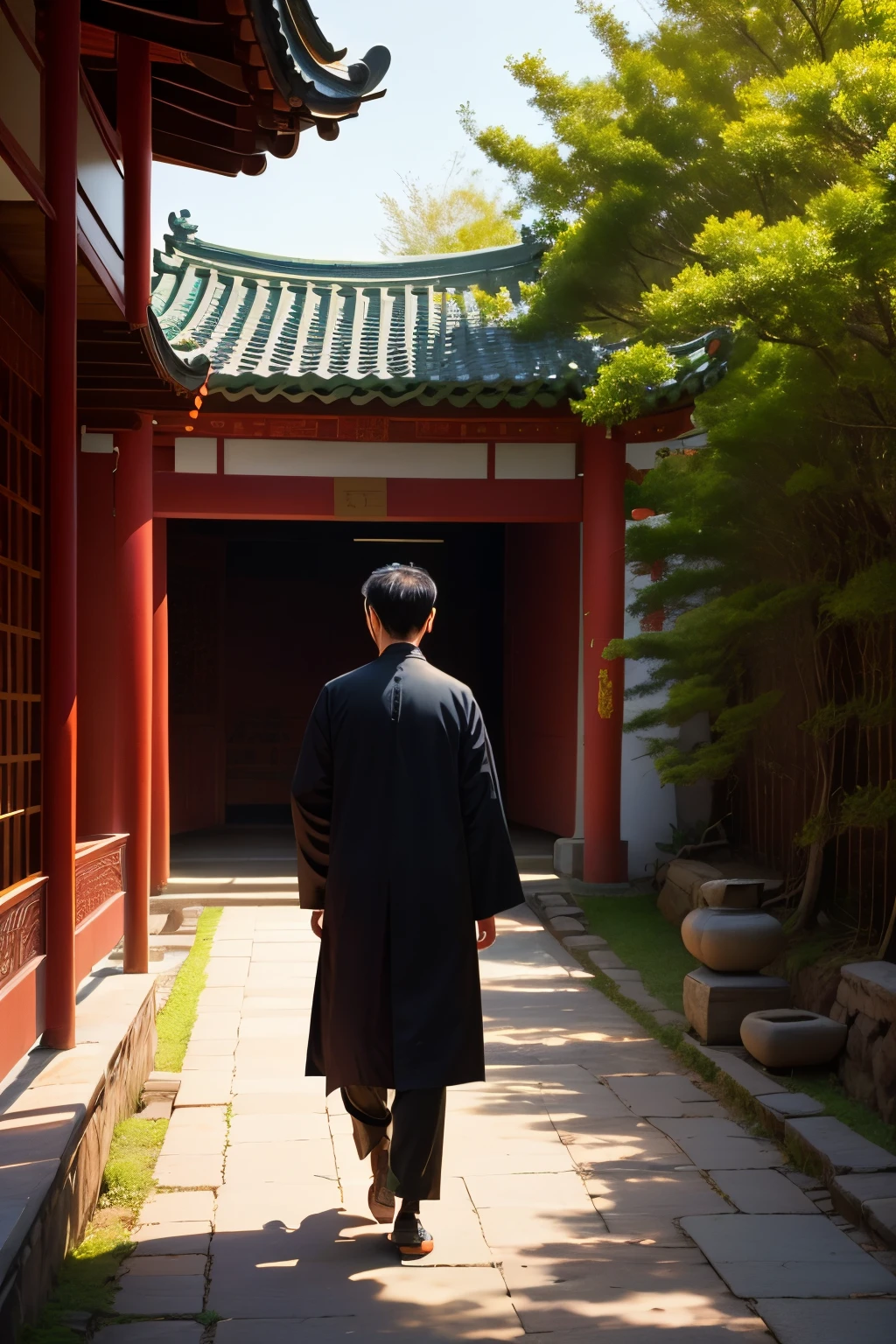 A Taoist priest walks in a Taoist temple，Back Shadow，a sense of mystery，Quiet，Sunlight shines，kind。