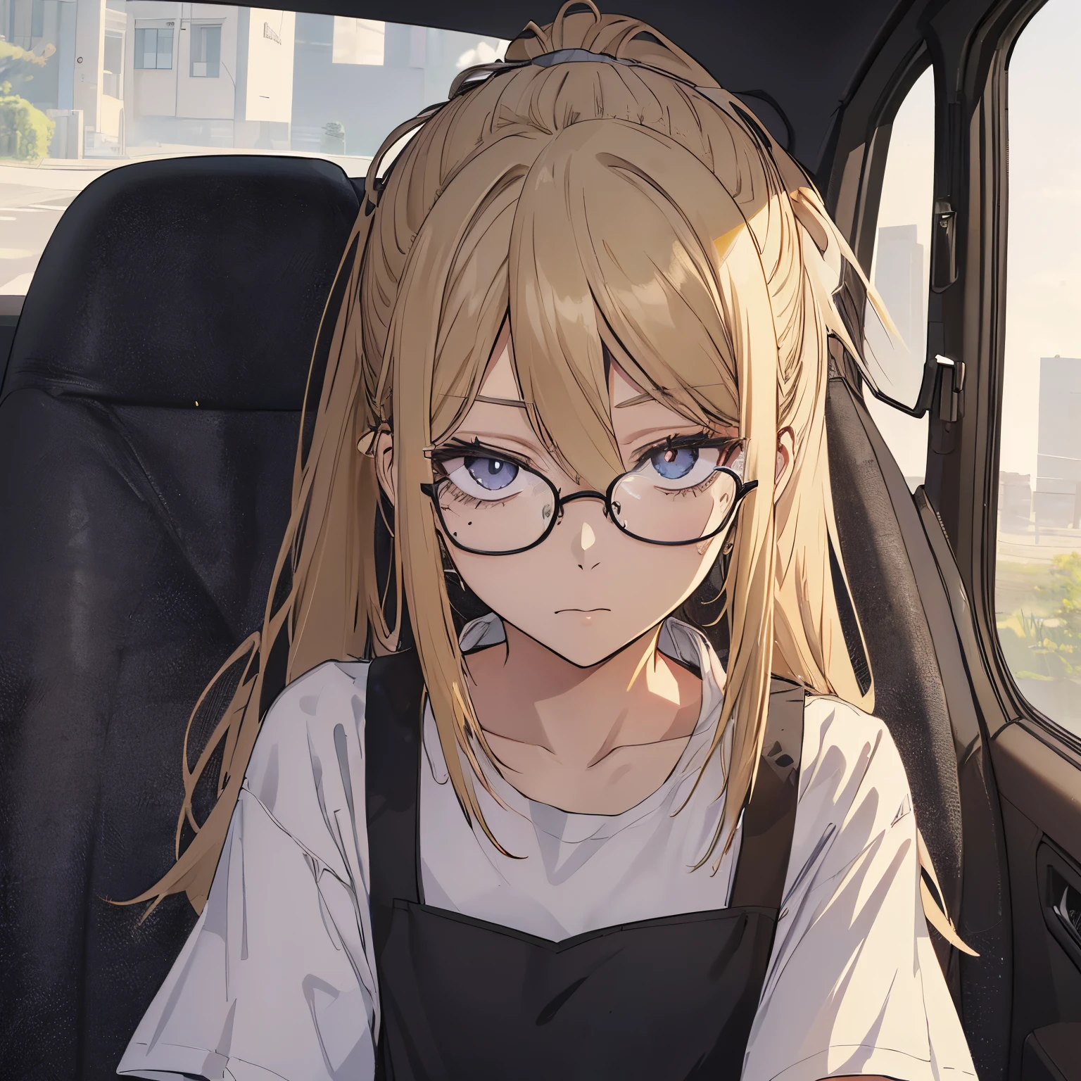 ⓪Action:araffe woman sitting in a car seat , a picture by Sengai, instagram, ①Quality:(ultra-detailed:1.3), masterpiece, 8k, extremely detailed CG, (1 girl), Perfect hands:1.2), (Perfect Anatomy:1.2), (beautiful face: 1.1), Intricate Iris Details, Captivating Eye Reflections, Sparkling Highlights in the Eyes, Depth and Dimension in the Pupils, Subtle Color Variations in the Iris, Meticulous Eyelash Details, Depth and Dimension in the Pupils, ②Lighting:brightening light, moody lighting, nature lighting, Best Illumination, ③ part: (flat chest: 1.4), floating hair, detailed face, detailed eyes, shiny hair, ④Style: animation, illustration, ⑤Subject: (ponytail hair:1.3), (blonde hair, straight hair, long hair, black eyes, sanpaku eyes ), ⑥Environment: passenger seat of the car ⑦Construction:Upper body, (close-up view: 1.3), Looking at Viewer, very wide shot, from below, ⑧Costume : (T-shirt, apron: 1.3), (glasses:1.5), ⑨Others:(slender body、small head、Seven-headed body), wear an apron over a t-shirt,