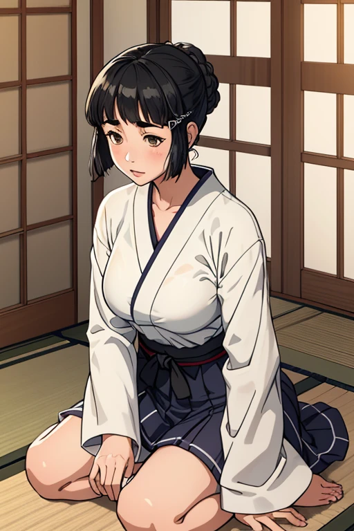 1girl, sozinho, myoukou \(Kancolle\), dentro, Japanese-style room, Tatami, Shiromuku,Capuz Branco,quimono branco, Seiza, sorrir,