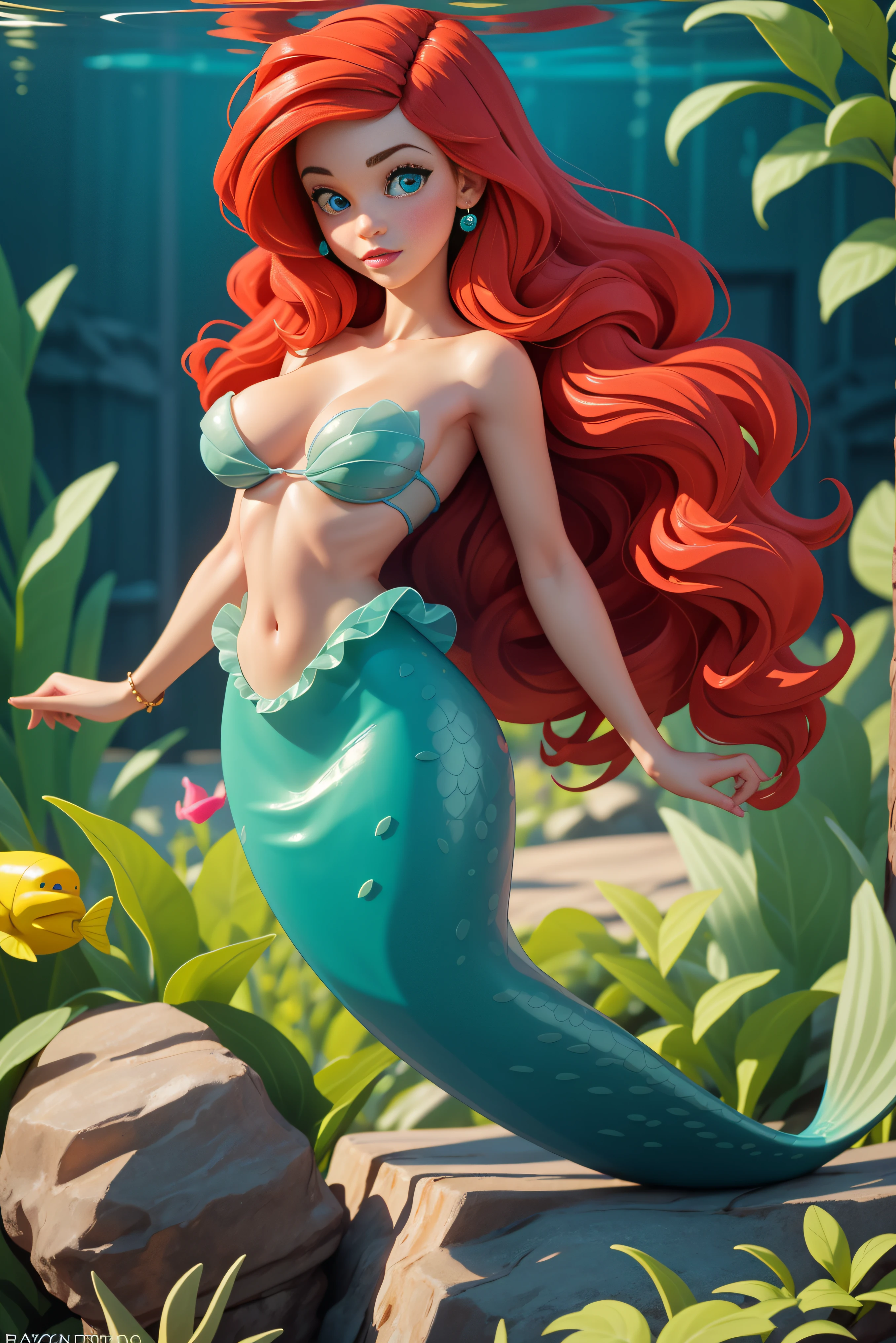 in the sea, mermaid, cleavage, cute face, red hair, blue eyes, (perfect anatomy:1.5), sexy