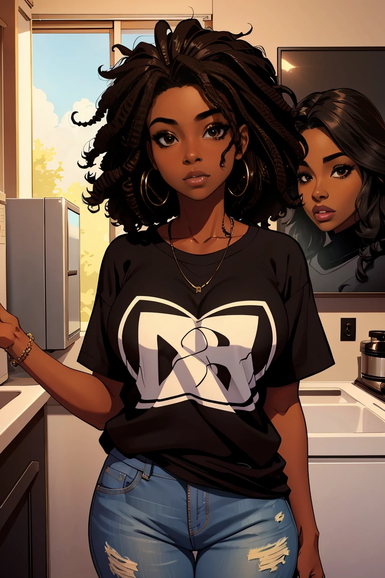 Dark skin ebony young woman in an oversized fuzzy fitted shirt, clearly defined brown eyes, wild soft cloud of black curly hair