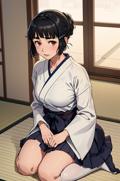 1girl, sozinho, myoukou \(Kancolle\), dentro, Japanese-style room, Tatami, Shiromuku,Capuz Branco,quimono branco, Seiza, sorrir,