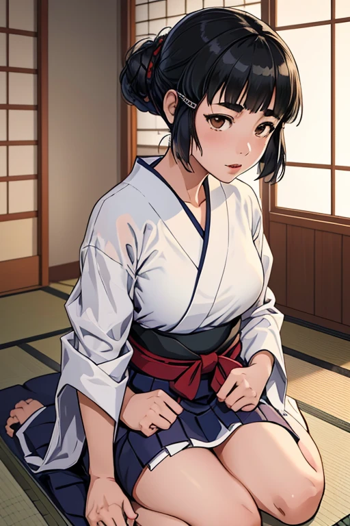 1girl, sozinho, myoukou \(Kancolle\), dentro, Japanese-style room, Tatami, Shiromuku,Capuz Branco,quimono branco, Seiza, sorrir,