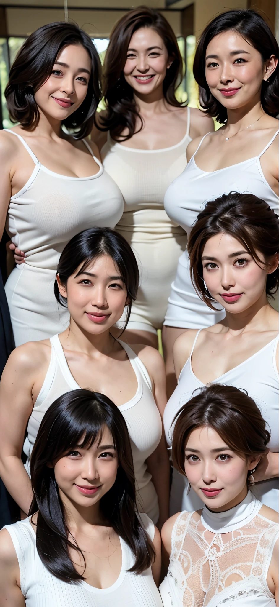 (((A group photo of the top 3 beautiful Japanese moms)))、Everyone has different types and hairstyles, but they are beautiful.、((All of them are obscene and have long breasts that are too big.))、different sexual poses、All wearing white turtleneck sleeveless knit sweaters、Full of big breasts、The smell of females fills the area.、((Everyone emphasizes their big breasts))、a park