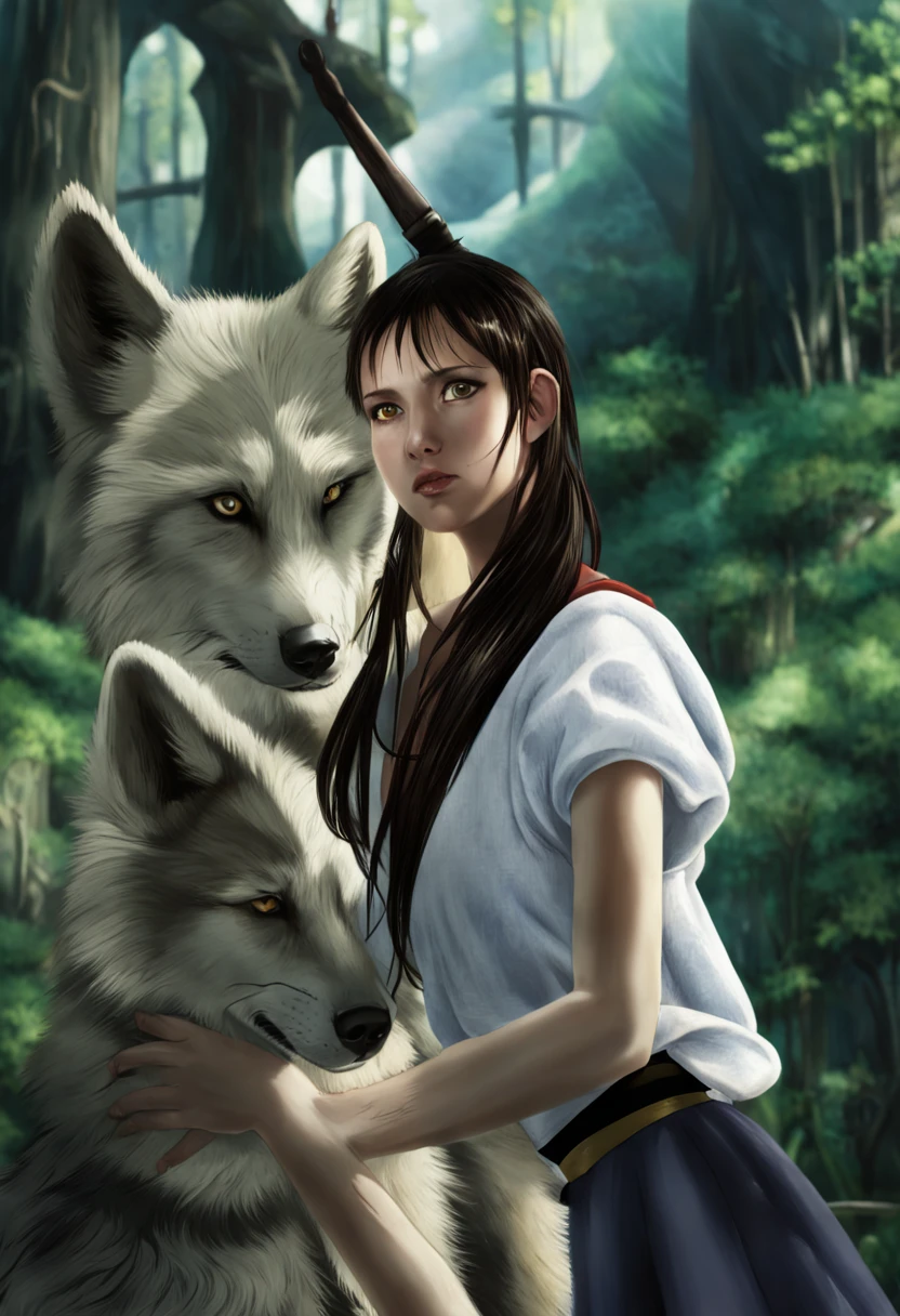 Beautiful 8K Ultra HD, Sharp Focus, In a stunning fantasy world, short cut hair、Very beautiful 15 year old girl,There one giant wolf, In bright natural light、(princessmononoke)、(Realistic:1.5)、A detailed face, (Looking at Viewer:1.2)