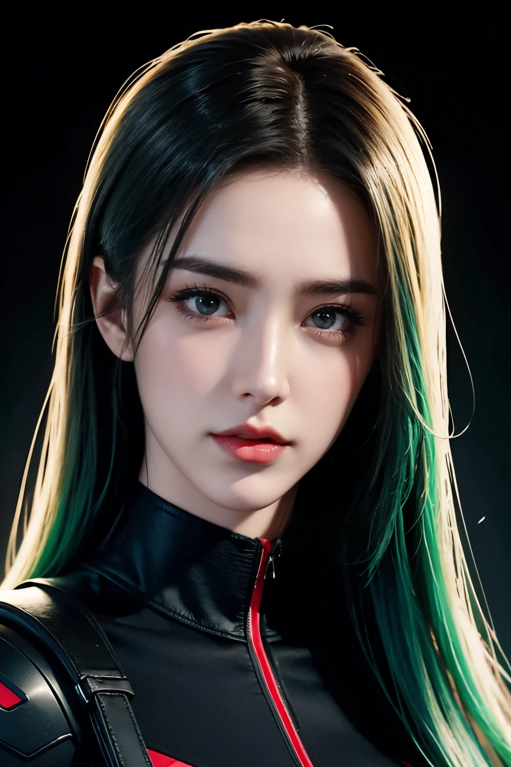 tmasterpiece，Best quality，A high resolution，8K，(sportrait)，((Head close-up))，(Original photo)，real photograph，digital photography，(Cyberpunk-style women in uniform:1.2)，(Professional women)，20岁女孩，Random hairstyles，Red eyelue-green gradient hair)，Serious and obsessed，Cleavage， accessories，Redlip，Keep your mouth shuegant and charming，Serious and arrogant，Calm and handsome，(Sci-fi style business attire for women)，Photo pose，Realisticstyle，gray world background，oc render reflection texture