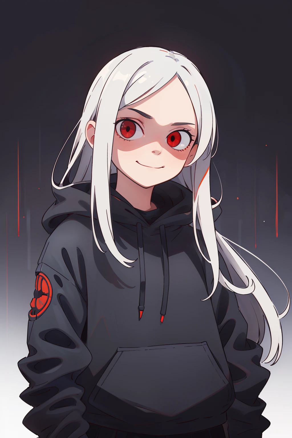 (best quality, realistic:1.37), detailed portrait, white long hair, red eye, sinister smile, horror, black hoddie, black skirt, dark background, intense lighting, surreal colors