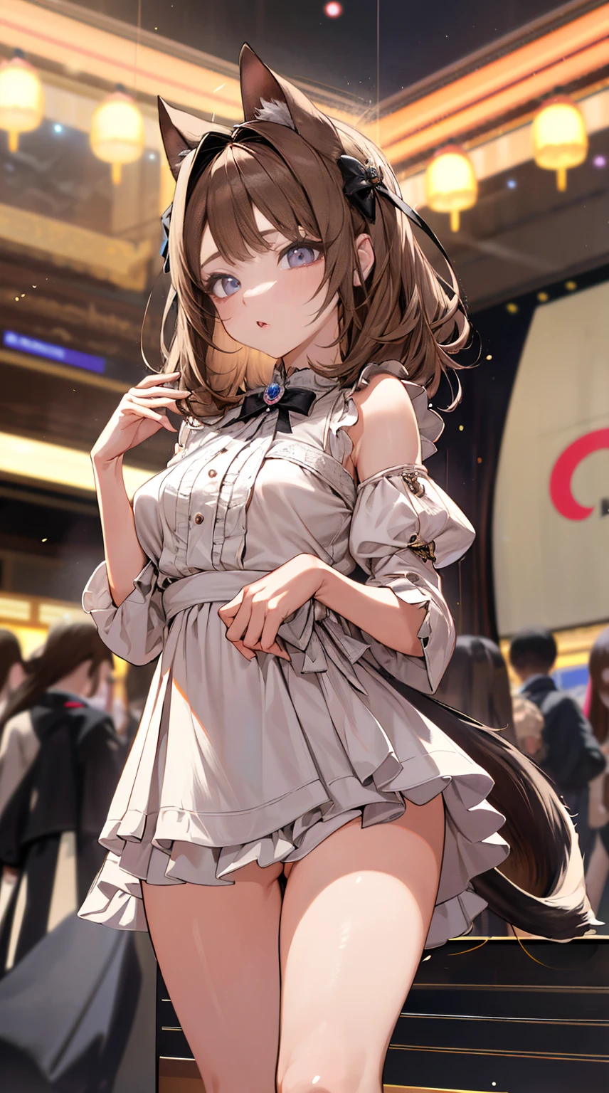 ４ｋ、Highest image quality, excellent details, Ultra-high resolution, The best illustrations, animesque,Dark hair、kawaii faces、breasts are small、Age is１８age、Beautiful eyes、(Eye color is light brown)、（Loose sidetail hairstyle）,Longhaire、Has animal ears and a tail、standing in a shopping mall