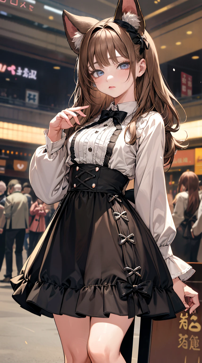 ４ｋ、Highest image quality, excellent details, Ultra-high resolution, The best illustrations, animesque,Dark hair、kawaii faces、breasts are small、Age is１８age、Beautiful eyes、(Eye color is light brown)、（Loose sidetail hairstyle）,Longhaire、Has animal ears and a tail、standing in a shopping mall