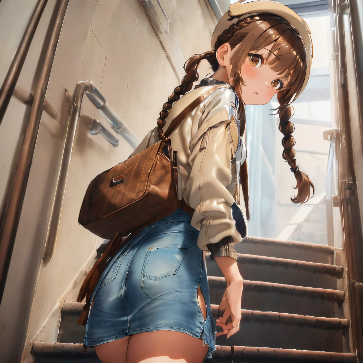 ((Brown hair)),((Braided shorthair)),((Brown eyes)),((Pigtails)),((With bangs)),((white volume blouson jacket)),(transparent turtleneck inner),((denim maxi skirt)),(The hem of the skirt is long enough to touch the ground),((beige wing hat hat)),((Black short boots)),((,plaid shoulder bag)),((Climb the stairs)),(Perspective from behind),((Looking back at me)),(Perspective from below)