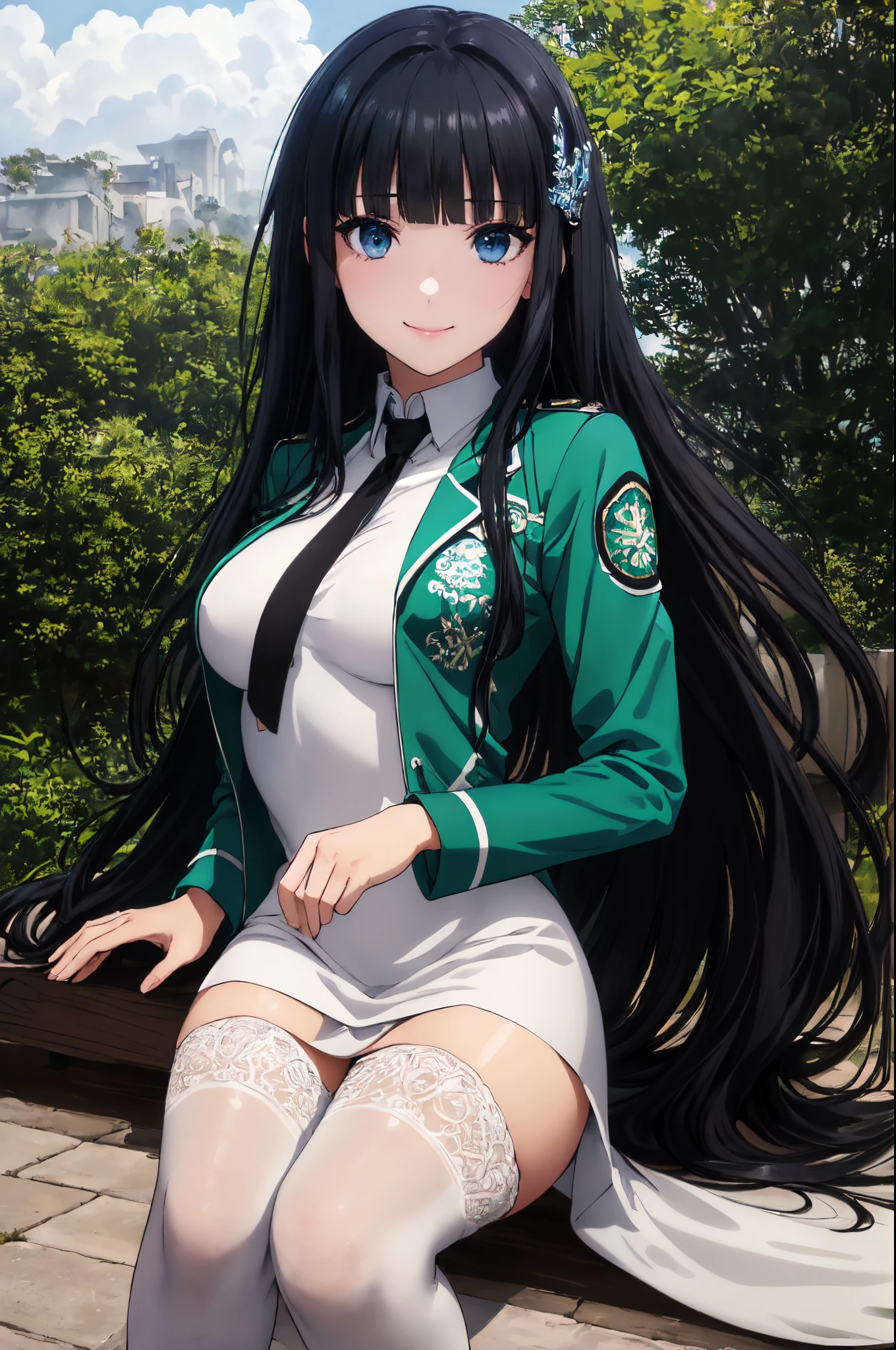 Miyuki, 1girl in, Solo, long_hair, Naughty big、large full breasts、Smile, Bangs, Blue_Eyes, Black_hair, hair_ornament detached, long_sleeves, School_uniform, hair_bow ribbon, blunt_Bangs, white_Dress, own_Hands_Together, Black_neck tie, で_missiles, Yuki, Snowflake_hair_ornament detached、from the front side、Look at viewers、(Skirt lift:1.3), (White panty:1.3)、(Skirt that rolls up:1.3)、(Fully exposed panties:1.5)、red blush、embarrassed from