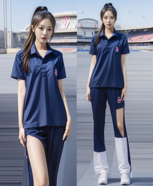 (bestquality,10,10,highres,masterpiece:1.2),ultra-detail,(Realistic,photorealistic portrait,photo-realistic:1.37),1 Cute girl in the football field,oily shiny skin,bara,light smile,BDclothelue shirt:1.3)),short sleeves,shirt, trousers.,(navy_long_Pants Track:1.1), ((Stadium Background:1.3)),dynamic angle,excited,face focus,Dynamic Poses,from behide,Ass Focus,masterpiece, bestquality, ultra realistic, hyper-detail, 8k resolution, RAW photo, crisp focus, ((Navy blue shirt:1.1)), short sleeves, Long Path, Perfect body, 2 mature women, 18yo, cinematic light,Blue sweatpants,Gymware,Correct anatomy,Complete body, Correct body, sharp face, Anatomically correct body, full entire body, Realistic gestures, long-haired, Realistic poses,Wear long shorts.....................................,Long leg span,Shapely,Sculpting Girl, Slender Figure, mannequin mannequins, Shapely, Beautiful body,Blue sweatpants, Two girls kissing