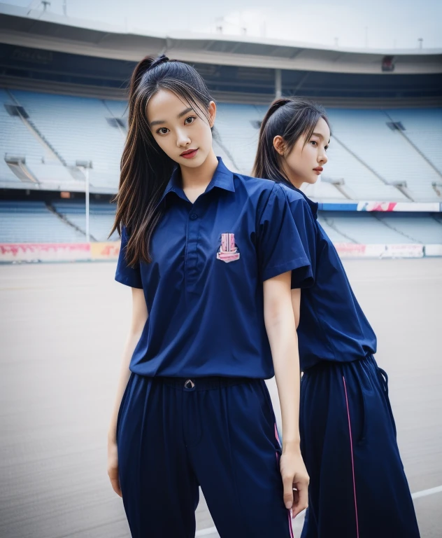 (bestquality,10,10,highres,masterpiece:1.2),ultra-detail,(Realistic,photorealistic portrait,photo-realistic:1.37),1 Cute girl in the football field,oily shiny skin,bara,light smile,BDclothelue shirt:1.3)),short sleeves,shirt, trousers.,(navy_long_Pants Track:1.1), ((Stadium Background:1.3)),dynamic angle,excited,face focus,Dynamic Poses,from behide,Ass Focus,masterpiece, bestquality, ultra realistic, hyper-detail, 8k resolution, RAW photo, crisp focus, ((Navy blue shirt:1.1)), short sleeves, Long Path, Perfect body, 2 mature women, 18yo, cinematic light,Blue sweatpants,Gymware,Correct anatomy,Complete body, Correct body, sharp face, Anatomically correct body, full entire body, Realistic gestures, long-haired, Realistic poses,Wear long shorts.....................................,Long leg span,Shapely,Sculpting Girl, Slender Figure, mannequin mannequins, Shapely, Beautiful body,Blue sweatpants, Two girls kissing