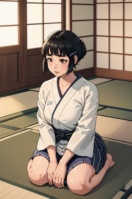 1girl, sozinho, myoukou \(Kancolle\), dentro, Japanese-style room, Tatami, Shiromuku,Capuz Branco,quimono branco, Seiza, sorrir,