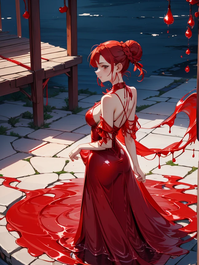 Beutiful women，wearing rose red (Liquid dress),squatt, 
8K, tmasterpiece, The  very detailed, Alone,
A desert,
point of view shooting, from back, [full bodyesbian],
regrettable,
Braided high bun,
light red hair,