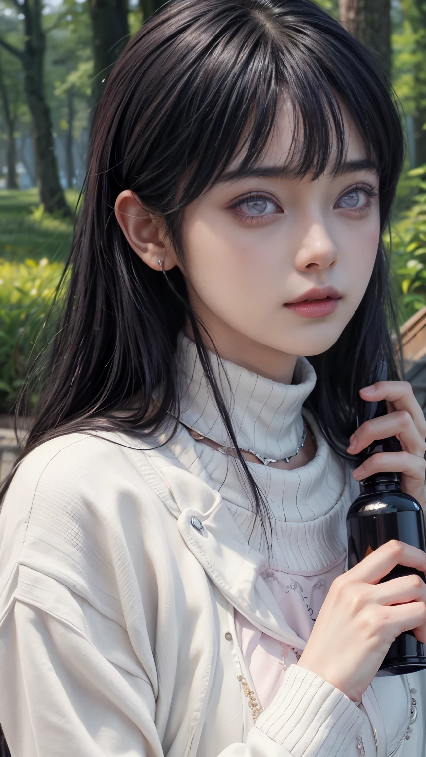 1girl ,Hinata Hyuga ,anime from realistic , quality detail , cut eyes , long hair ,perffect clothes , realive clothes , realism clothes ,photrait , high reslusition detail, pink liptic ,cute girl