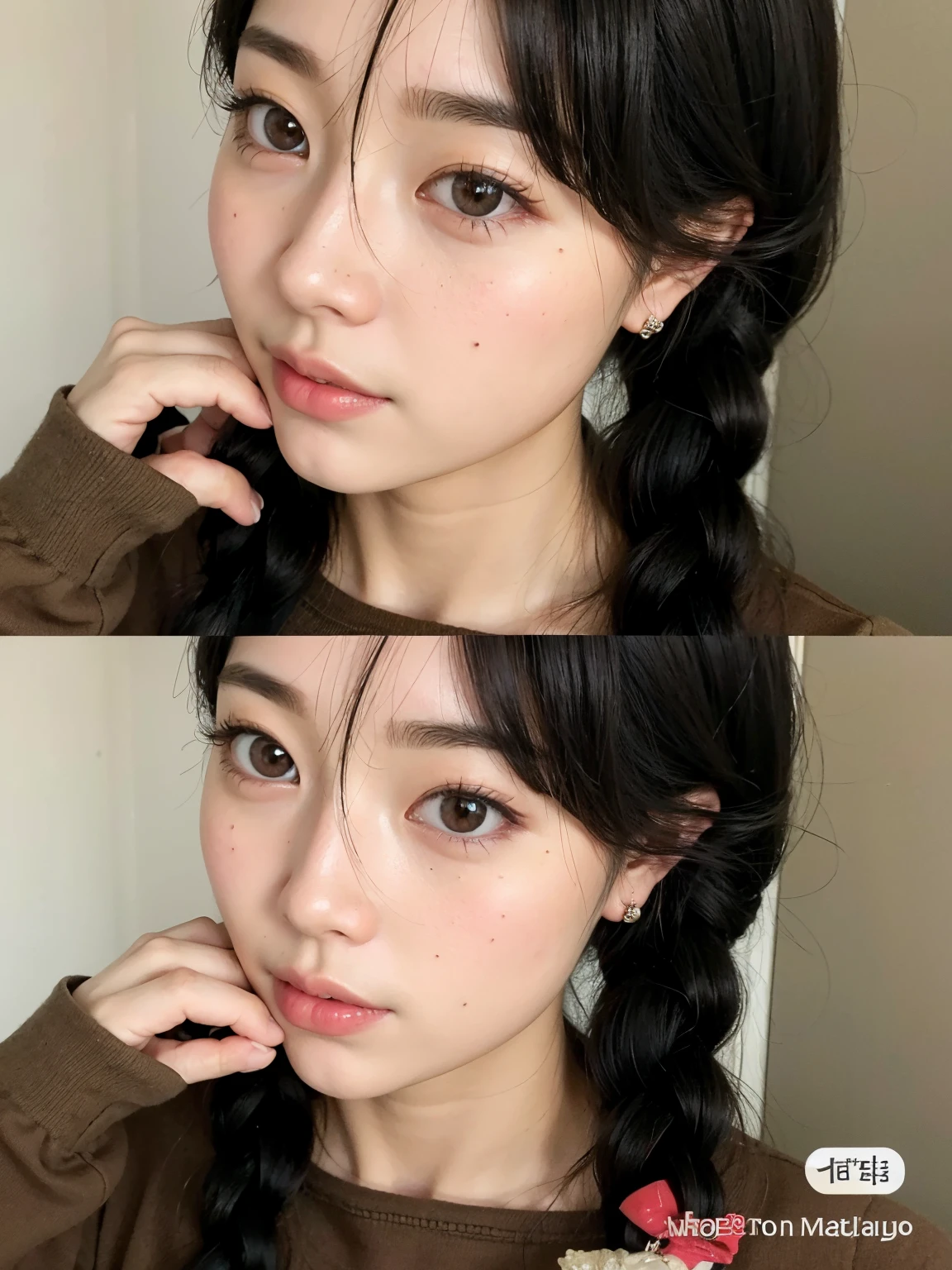 There are two photos of a woman with a braid in her hair, maquiagem macia, Ulzzang, rosto bonito claro, beautiful aesthetic face, wan adorable korean face, maquiagem sul-coreana popular, korean face features, kawaii retrato realista, maquiagem coreana popular, bonito redondo olhos inclinados, bonito rosto de anime natural, young adorable korean face, rosto redondo macio
