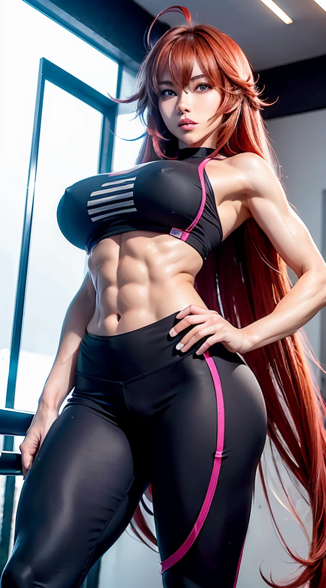 Rias Gremory, six-pack abs, arm muscles,Long hair, pink sports bra, red hair, ahoge, blue eyes, large breasts, extra very long hair,big breastes, Black Sports Leggings, huge ahoge, Standing, Gym, the perfect body, perfect abs, Muscular girl