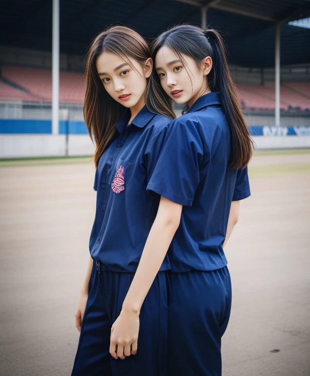 (bestquality,10,10,highres,masterpiece:1.2),ultra-detail,(Realistic,photorealistic portrait,photo-realistic:1.37),1 Cute girl in the football field,oily shiny skin,bara,light smile,BDclothelue shirt:1.3)),short sleeves,shirt, trousers.,(navy_long_Pants Track:1.1), ((Stadium Background:1.3)),dynamic angle,excited,face focus,Dynamic Poses,from behide,Ass Focus,masterpiece, bestquality, ultra realistic, hyper-detail, 8k resolution, RAW photo, crisp focus, ((Navy blue shirt:1.1)), short sleeves, Long Path, Perfect body, 2 mature women, 18yo, cinematic light,Blue sweatpants,Gymware,Correct anatomy,Complete body, Correct body, sharp face, Anatomically correct body, full entire body, Realistic gestures, long-haired, Realistic poses,Wear long shorts....................................,Long leg span,Shapely,Sculpting Girl, Slender Figure, mannequin mannequins, Shapely, Beautiful body,Blue sweatpants, Two girls kissing