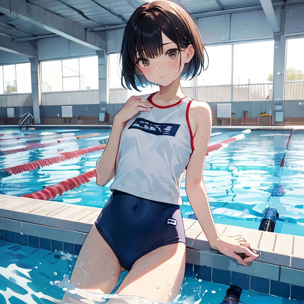 top-quality、Full limbs、complete fingers、Slender beauty、straight haired、Bery short hair、knee high、School swim wear、Small eyes、Does not blush cheeks、school swimming pool