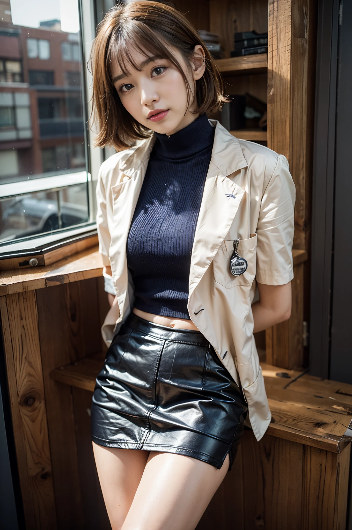 (​masterpiece:1.3), 8K, Photorealsitic, Raw photography, Top image quality、(nudde、Doctor's White Coat、Dark blue mini skirt: 1.4), Japan high school girls、(Random hairstyles、sit a chair、Office room、Casual pose:1.2)、(doctor、prety woman:1.4)、light brown hair、Beautiful face、A smile、Put your shoulders out、slender、short-haired、Chest out
