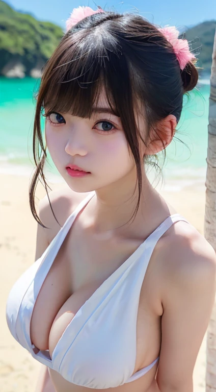Topless 35 year old girl、((KPOP Idol))、(aegyo sal:1)、huge tit、bare butts、Platinum pink short ponytail、pale-skinned、((Puffy eyes))、looking at the viewers、Heterochromia eyes、Mole under the eyes、thick eyebrow、hitornfreckles、small waist、wide thighhighs、thighs gap、the beach、coastline、the wind、vague、8K UHD、Digital SLR、Soft lighting、hightquality、top-quality、 超A high resolution、(Photorealsitic:1.4)、film grains、FujifilmXT3、