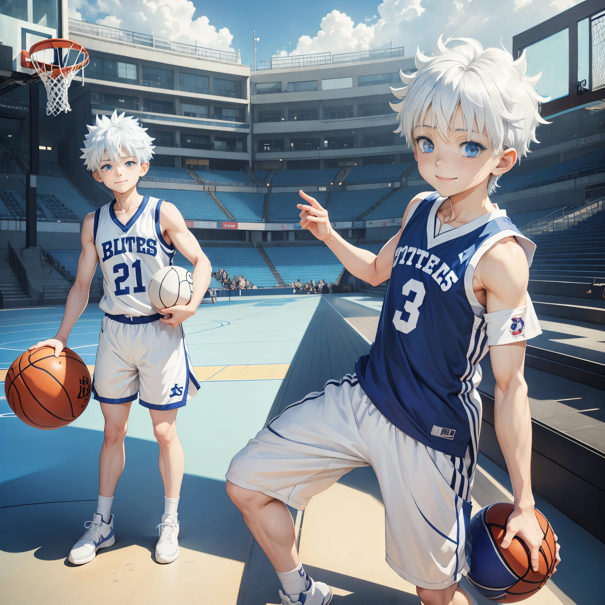 Killua Zoldyck anime character, blue eyes, white hair, wearing a basketball jersey and knee length pants, smiling, holding a basketball, with a basketball court in the background