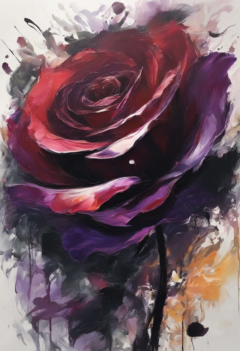 Draw an abstract painting of a single flower.,deep black rose flower、use acrylic paint、Abstract artist known for his unique use of acrylic pouring, real brush strokes,aesthetic composition,Minimal style, heavy controlled strokes、Overwhelming shape、deep mysterious beauty, deep black rose flower、deeply symbolizes feelings of despair and sadness、The main color of the work is dark red-purple...、Add moist compacted sand、Enhances the texture and tactile elements of your artwork, While staring at this image, oot、Interaction of color and texture、feel hopeless、isolated in despair、hopeless black