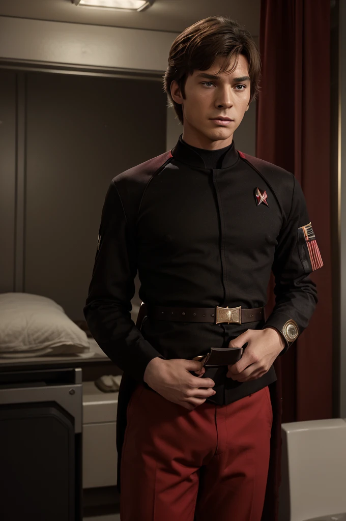 ((masterpiece)), ((best quality)), ((18 year old 1.4)) ((jean-luc picard age 18 years old 1.4)), ((Patrick stewart deaged to age 18 1.4)) ((age 18 still a boy 1.4)) , eyes brown, ((hair light brown)), fit build, ((uniform colors are red and black only 1.4)), ((wearing a closed red military style starfleet jacket 1.4)), (wearing form fitting flat front black uniform pants 1.4)), ((wearing a black leather belt with gold starfleet buckle 1.4)), ((Rank Ensign)), ((star trek 24th century starfleet)), mpreg, teene pregnancy, ((3 months pregnant 1.4)), Learning about his pregnancy from the doctor, location sickbay, facial expression of worry, starship uss reliant ncc 1864-a