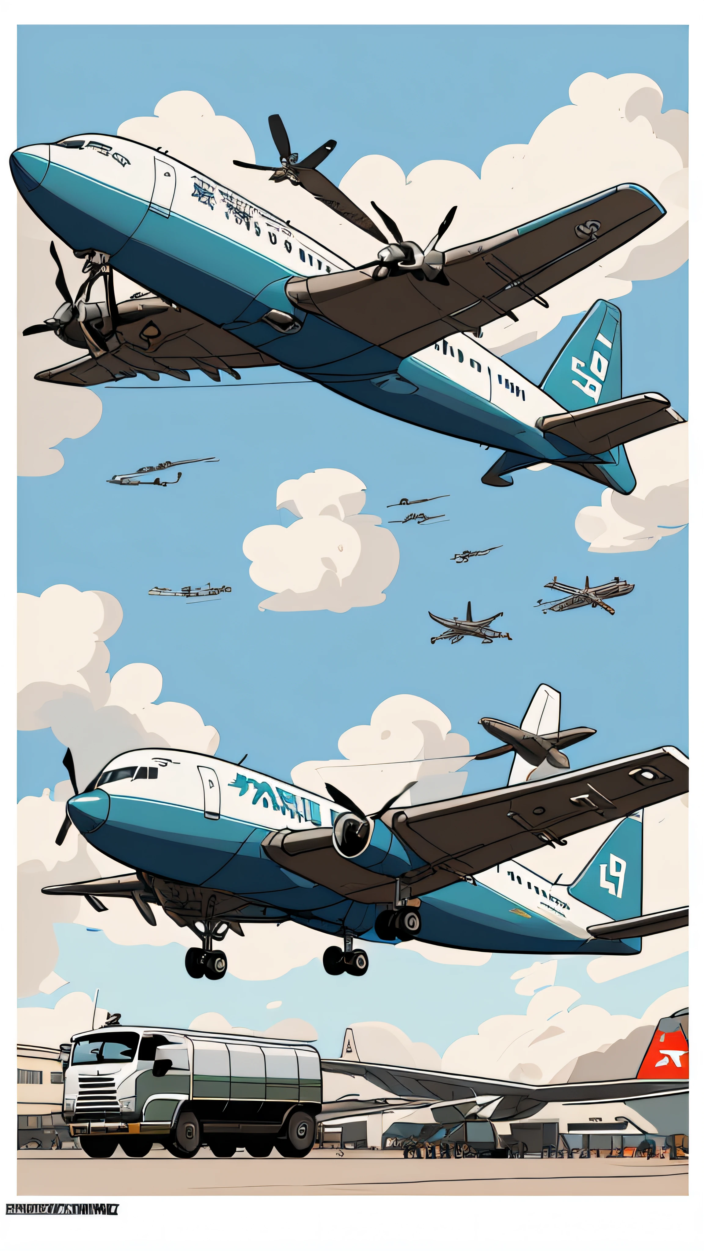 Aircraft maintenance site，repair airplane，utility vehicle，Boeing aircraft，Xiamen Airlines，illustration of helga，Tin tin，Pen and ink comic style