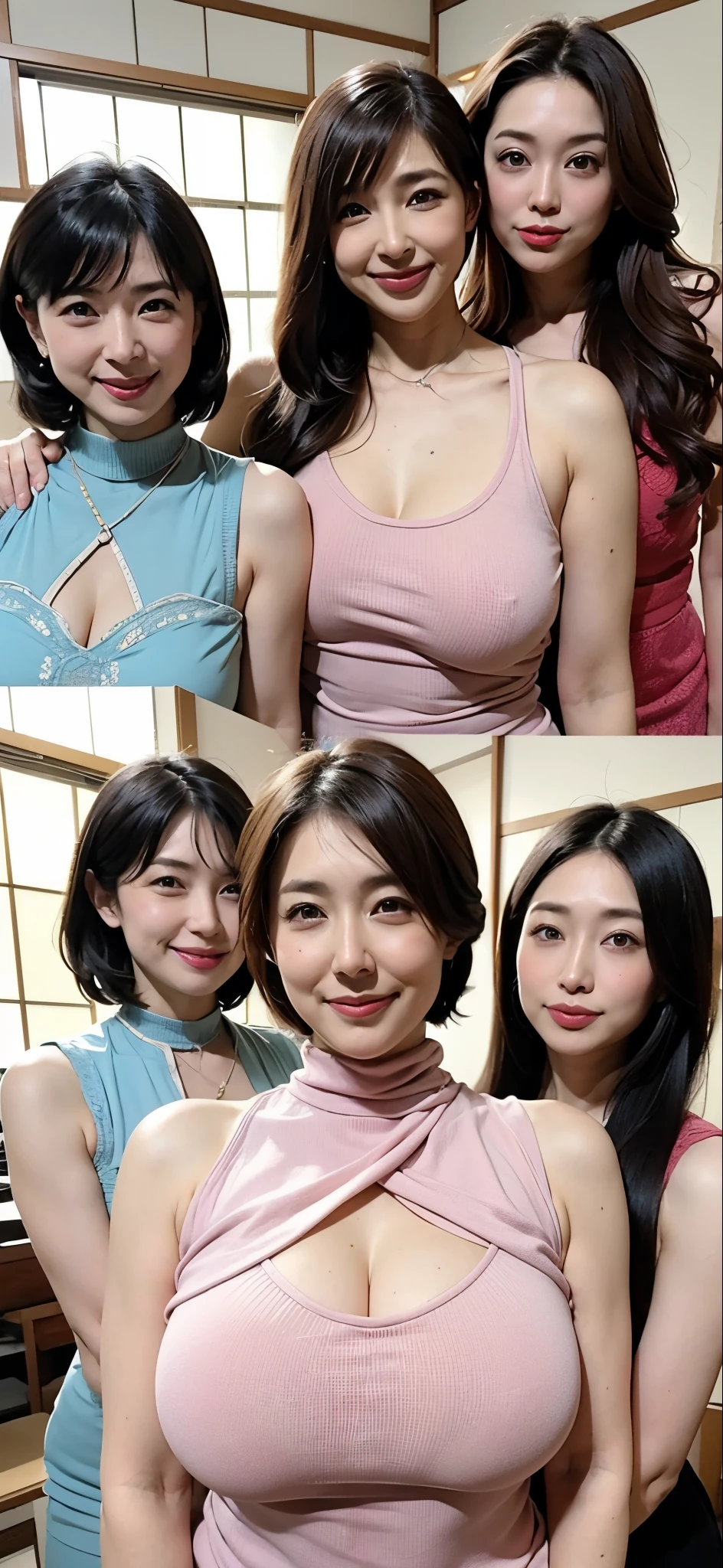 (((A group photo of the top 3 beautiful Japanese moms)))、Everyone has different types and hairstyles, but they are beautiful.、((All of them are obscene and have long breasts that are too big.))、different sexual poses、All wearing white turtleneck sleeveless knit sweaters、Full of big breasts、A room filled with the smell of meth、((Everyone emphasizes their big breasts))、living room、A group photo taken side by side so that the whole body can be seen
