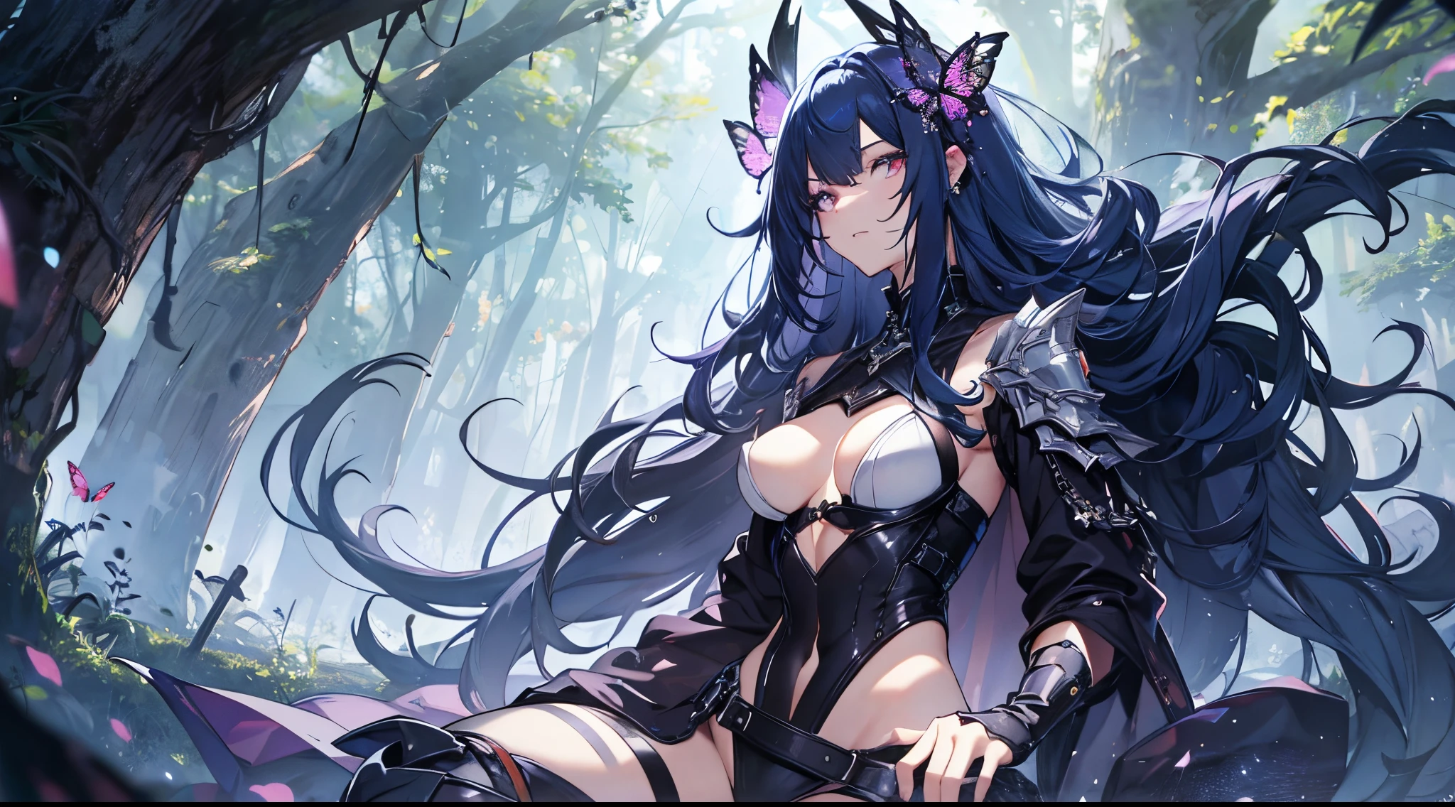 ((tmasterpiece:1.4, Best quality at best))+, (hyper-detailing)+, (exquisite red eye:1.5)+, (Detailed ears:1.5), (cute girls), (White undershirt,black long pants:1.5), Tight black silk, Very long hair, (Blue flowers:1.2), pale-skinned, (black cloth:1.5), (Black Martin boots:1.4), town,black dead trees around, Nipple Ring, dense fog,Mechanicalweapon, delicate legs, Red fluorescent butterfly,Giant,(born warrior:1.1), (dawn light:1.2), ), (closeup cleavage:1.1), the only person, bell, dark-blue hair, hair covering one eye, V-shaped eyebrows, Gloom (Expressing the), from back, from the above, Best quality at best, A high resolution, high detal, high high quality, 16k