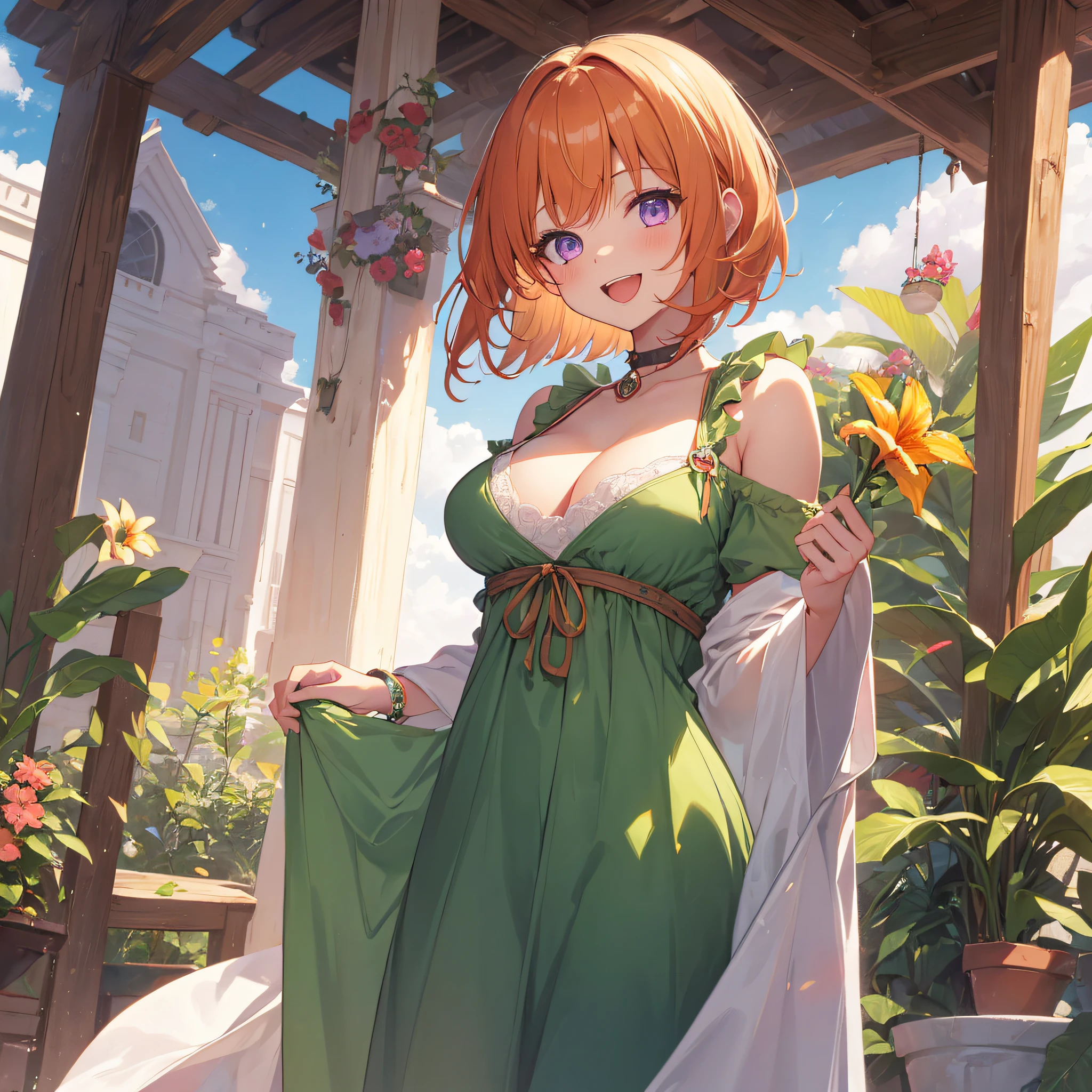 beautiful, (masterpiece:1.2), (best quality:1.2), perfect eyes, perfect face, perfect lighting, woman lying down resting on her forearms, soles, 1girl, huge breasts, green eyes, red hair, short hair, bob cut, arms under breasts, blue dress,