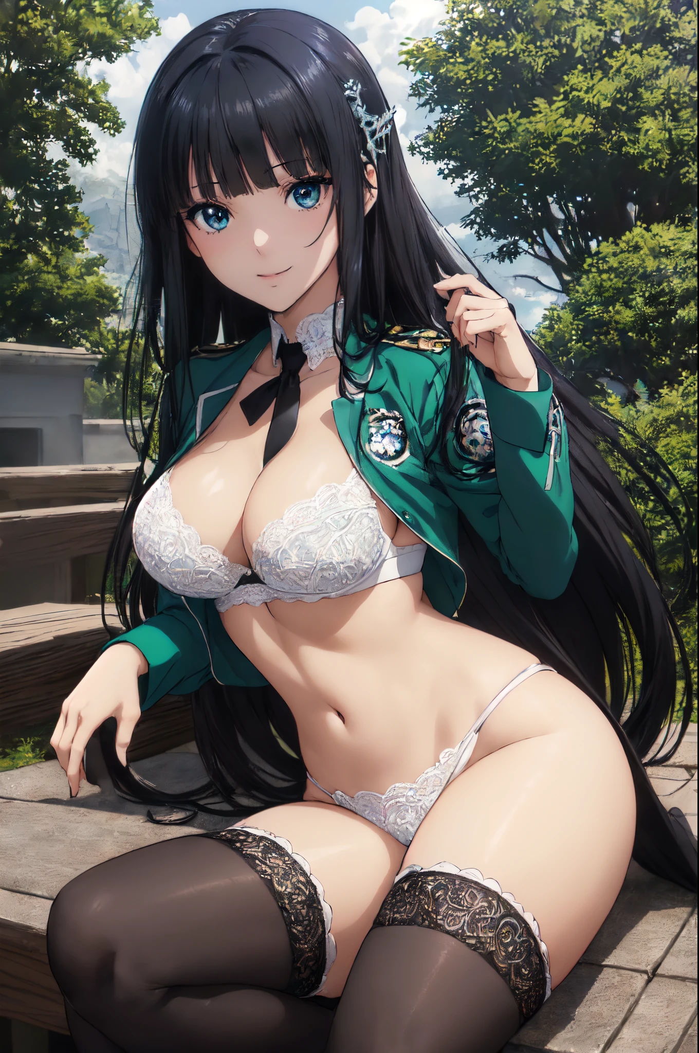 (masterpiece:1.5),an animated character,Light shines on the face,Light from the front,(very precise details,Ultra High Resolution:1.4),the Extremely Detailed CG Unity 8K Wallpapers,(Realistic,Photorealsitic,hyper realisitic:1.5),student clothes,(Green jacket,Pure white lace bra:1.4),(Black tie,Black stockings:1.4),(Long straight hair:1.4),(anime eyes,shinny eyes:1.3),(Curve,Model,glamor:1.5),(Large breasts:1.4),(Aesthetic Anime Eyes:1.4),Beautiful breasts,Farbe_aberration,beautiful detailed shadow,Beautiful eyes,Beautiful body,Beautiful skin,beautifull hands,(Attractive illustration of a young neat woman of 18 years:1.3),sitting on,Unclear,Mystical,(white hair ornament:1.4),(A dark-haired,Black eye,Medium straight hair:1.4),(Tsuriformes:1.4),(Thin Eyes:1.4),(blue eyess:1.4),Detailed long hair,with exquisite details,(Embroidered on white base:1.3), accentuating her curves,(arrogant smile:1.4),(A dark-haired:1.4),(Blunt bangs:1.4),(Seductive look,Erotic atmosphere,Erotic body:1.4),(Bangs are the same length:1.3),student clothes,(Green jacket,Pure white lace plastic:1.4),(Black stockings:1.5),