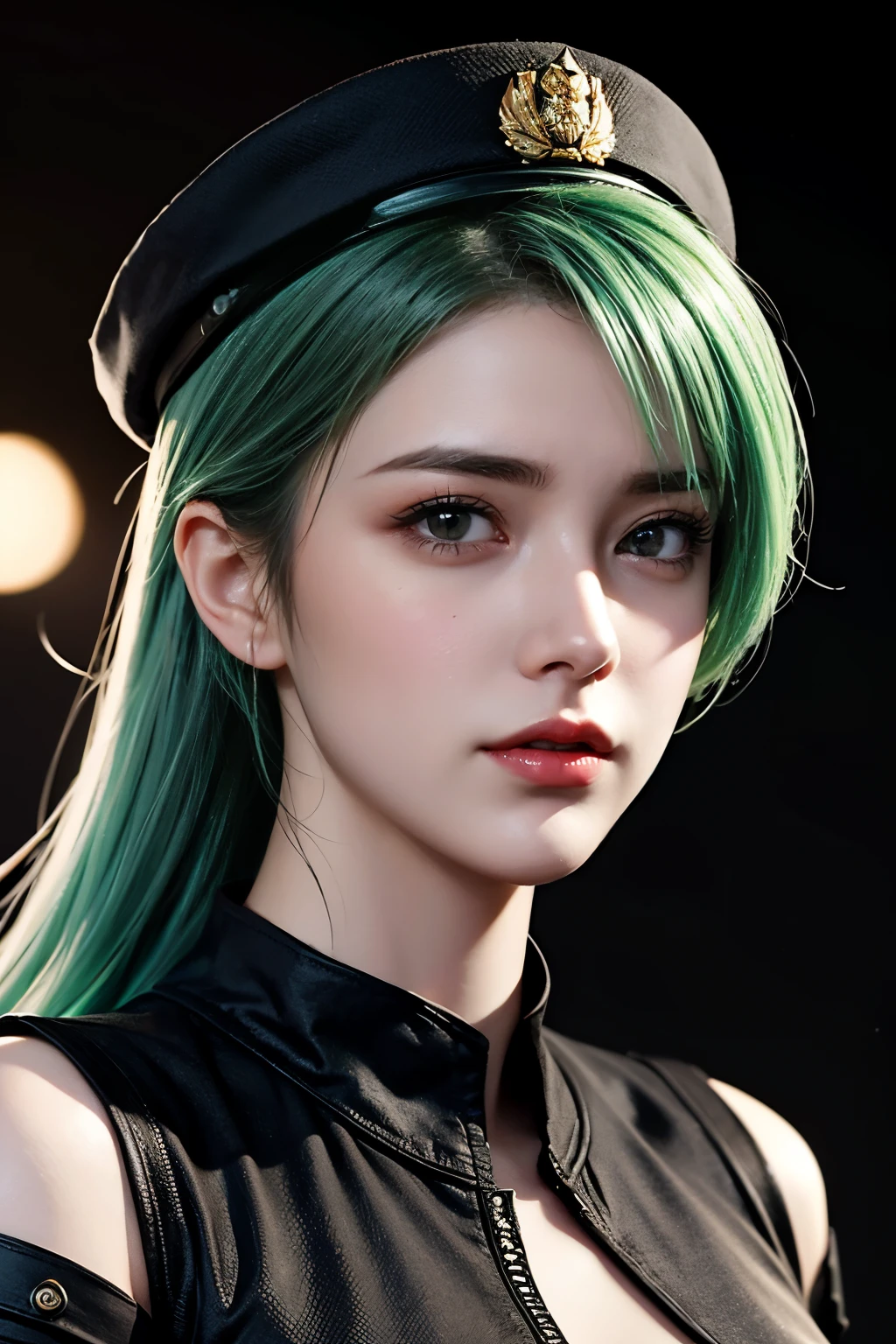 tmasterpiece，Best quality，A high resolution，8K，(sportrait)，((Head close-up))，(Original photo)，real photograph，digital photography，(Cyberpunk-style women in uniform:1.2)，(Professional women)，20岁女孩，Random hairstyles，Red eyelue-green gradient hair)，Serious and obsessed，Cleavage， accessories，Hats，Redlip，Keep your mouth shut，scowling，elegant and charming，Serious and arrogant，Calm and handsome，(Sci-fi style business attire for women)，Shoulder armor，exposing your navel，Photo pose，Realisticstyle，gray world background，oc render reflection texture