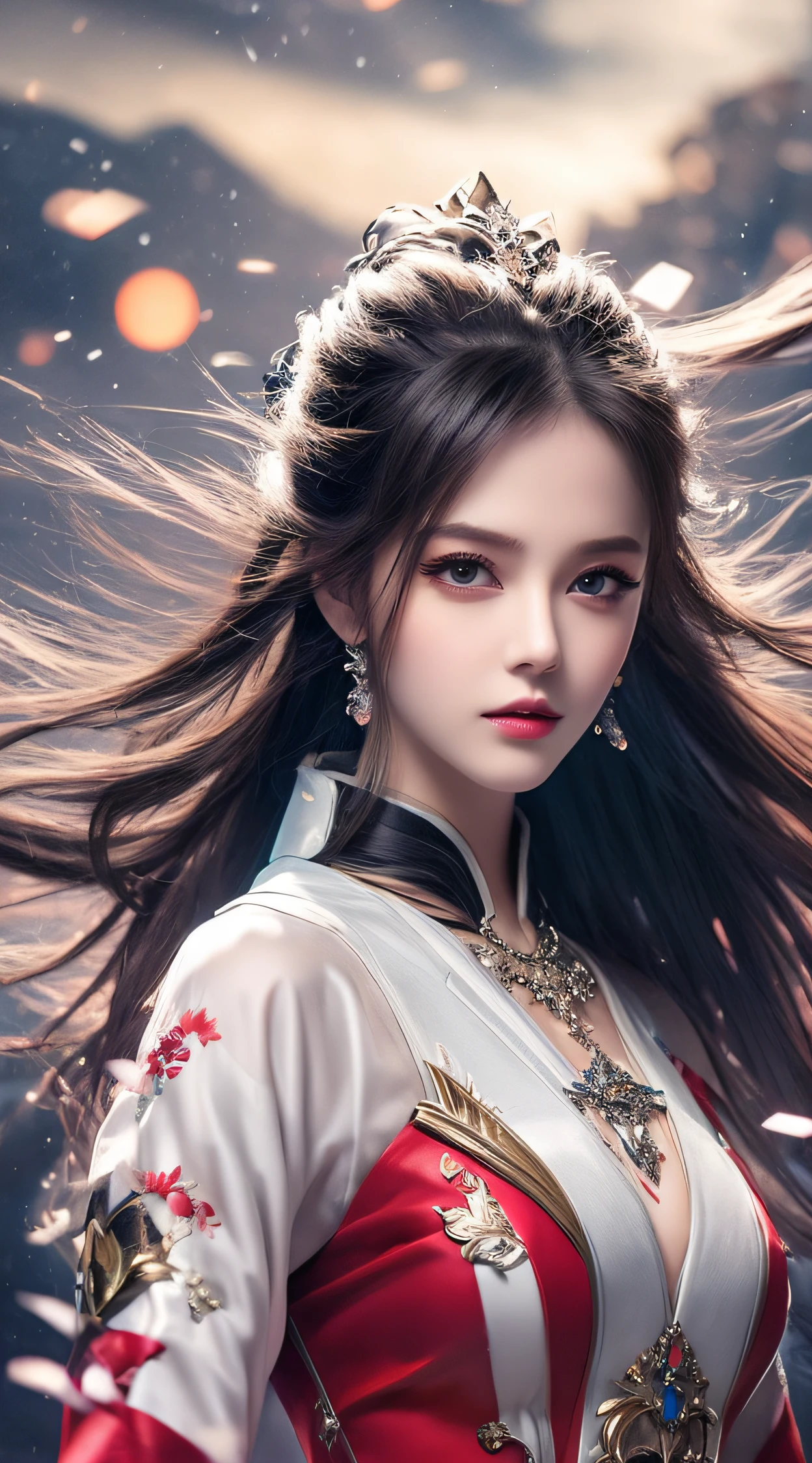 8k ultra high definition, Brother's, one-girl, Good face, Detailed pubic hair, eyed, beautifullips, Hair  very red, unfold your hair, middling, wedding gown, Red dress, In Park, birds in flight, Windy, Beautiful weather, sitted, Full body capture,