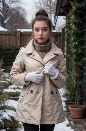 full body photo of beautiful 18 y.o Polish Instagram model wearing winter coat, brunette hair, bun hairstyle, hazel eyes, detailed eyes, pale skin, looking seductive, with an air of superiority, winter gloves, snow outside in garden