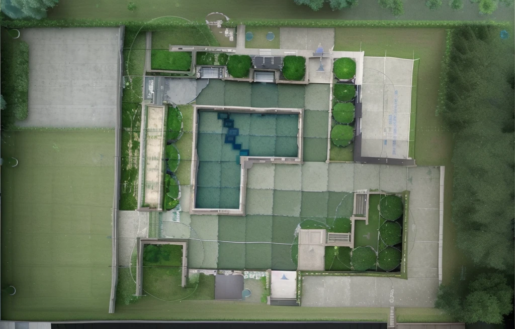 complete master plan, landscape rendering, pool with water in it, green grass, concrete paving, trees covering, colorful bushes
