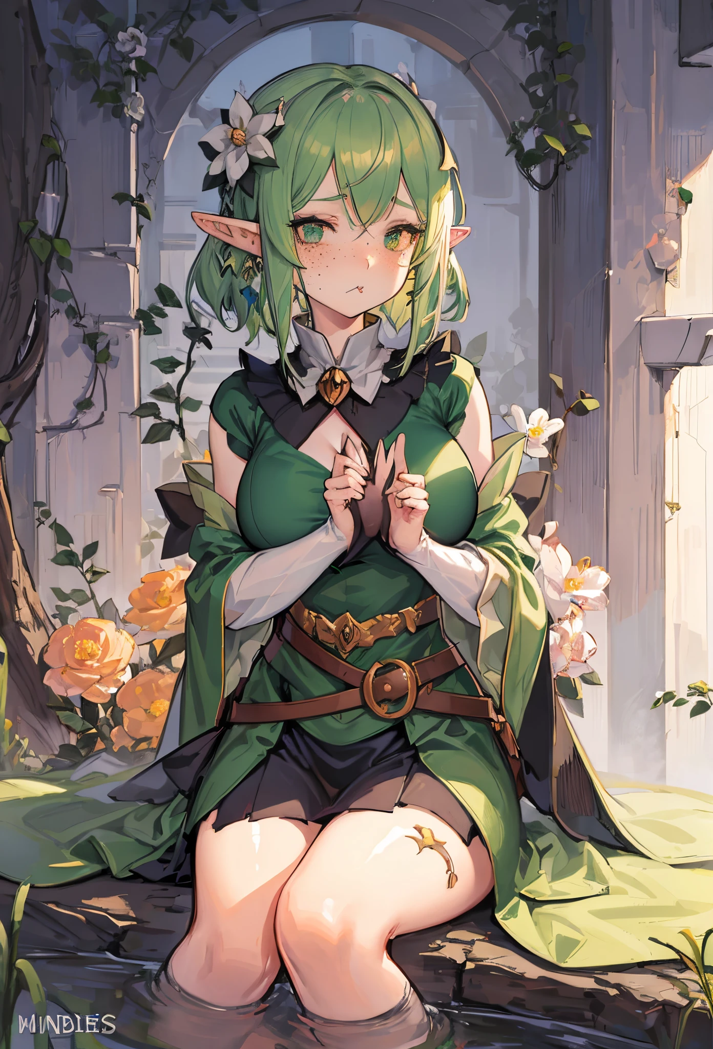 anime girl sitting on a window ledge with a cat, elf girl, elf girl wearing an flower suit, little elf girl, anime in fantasy style, elf princess, an elf queen, an elf, elf queen, portrait of an elf, goddess of mischief, alluring elf princess knight, a portrait of an elf, zerochan art, elf queen nissa genesis mage, (((freckles on face))), (pout), ((large breasts))