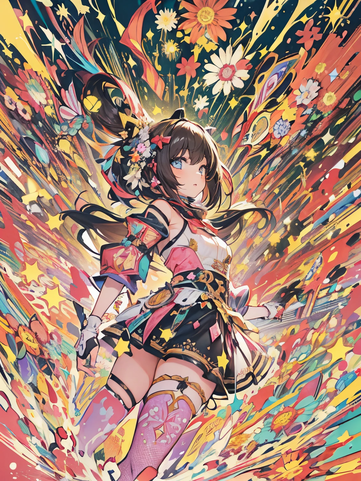(1girl in, Solo:1.6), (Best Impact:1.5), (maximalism:1.7), Vivid contrast, (Realistic), hyperrealistic illustrations, hight resolution, ultra-detailliert, absurderes, young girl in a quirky costume, Joyful expression, In an abstract explosion of bright colors, paint-like shape, stylized flame or flower, intricate hair with floral decorations, Dynamic settings, fairy tale atmosphere, Modern appeal, Energetic composition, evoke imagination and wonder.