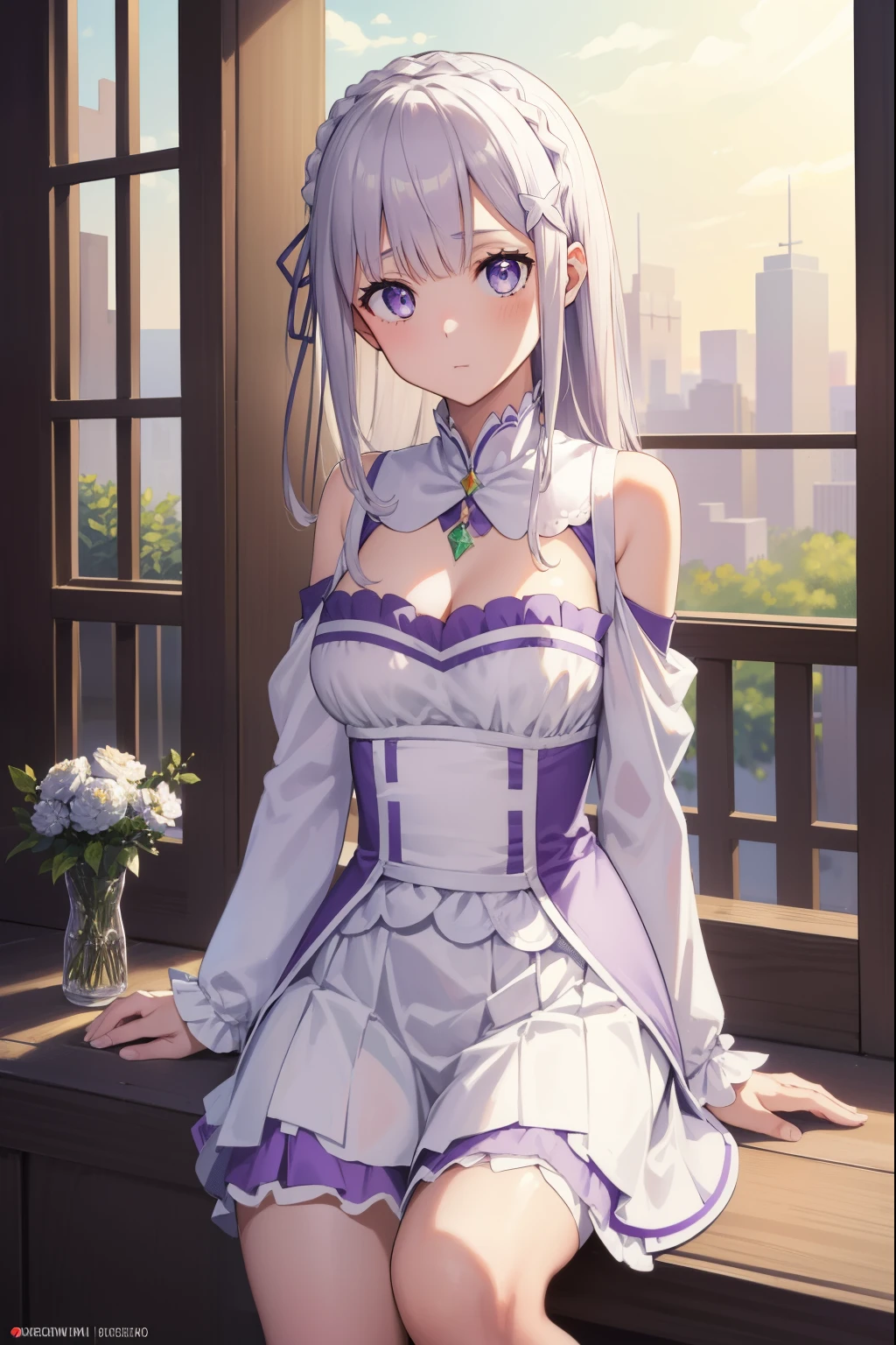 RezeroEmilia, Emilia, trenza, Trenza de corona, Flor, flor del cabello, adorno para el cabello, cinta para el cabello, Cabello largo, orejas puntiagudas, (purple eyes:1.2), cana, x adorno para el cabello,
Collar separado QUEBRAR, Mangas separadas, mangas con volantes, Volantes, mangas largas, minifalda, falda plisada, cinta, falda, muslosaltos, falda blanca, Mangas blancas, muslos blancos, mangas anchas, Zettai Ryouiki,
DESCANSO al aire libre, Ciudad,
DESCANSO mirando al espectador, QUEBRAR (Obra maestra:1.2), La mejor calidad, High resolution, Unidad 8K Fondo de pantalla, (插圖:0.8), (hermosos ojos detallados:1.6), Cara extremadamente detallada, Perfect lighting, CG extremadamente detallado, (Manos perfectas, Perfect anatomy),