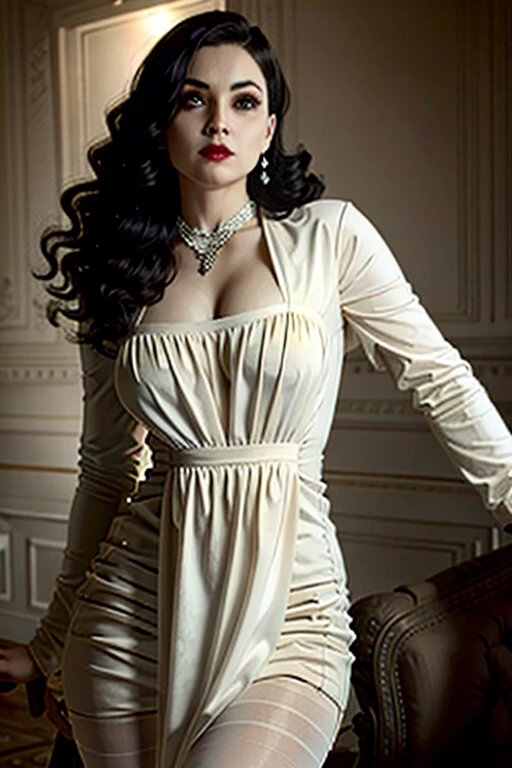 girl, femme fatale, long black dress, white panties, pantyhose, black hair, seductive look. noir scene