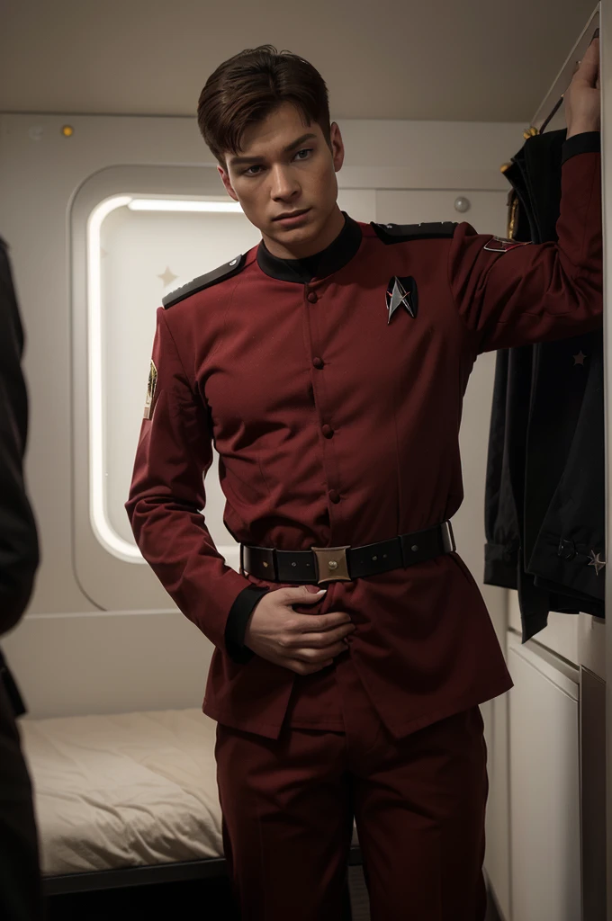 ((masterpiece)), ((best quality)), ((18 year old 1.4)) ((jean-luc picard age 18 years old 1.4)), ((Patrick stewart deaged to age 18 1.4)) ((age 18 still a boy 1.4)) , eyes brown, ((hair light brown)), fit build, ((uniform colors are red and black only 1.4)), ((wearing a closed red military style starfleet jacket 1.4)), (wearing form fitting flat front black uniform pants 1.4)), ((wearing a black leather belt with gold starfleet buckle 1.4)), ((Rank Ensign)), ((star trek 24th century starfleet)), mpreg, teene pregnancy, ((3 months pregnant 1.4)), Learning about his pregnancy from the doctor, location sickbay, facial expression happy, starship uss reliant ncc 1864-a